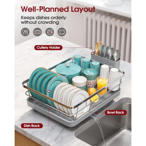 Stainless Steel Dish Drying Rack for Kitchen Counter, Sink Organization and Storage Essentials with Silverware & Utensil Holder, Home and Apartment Decor, 12''W x 15.5''L, Silver