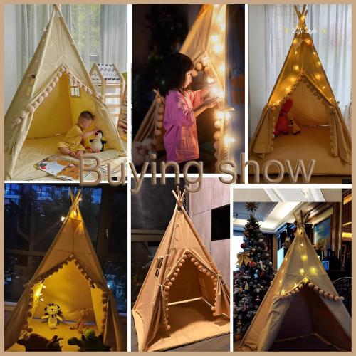 Teepee for Kids Tent Indoor with Floor Mat,Carry Bag,Banner,Play Cottage with Star Light, Cotton Canvas Kids Teepee Tent for Girls & Boys, Pompom Ball Design, Foldable Teepee Tent