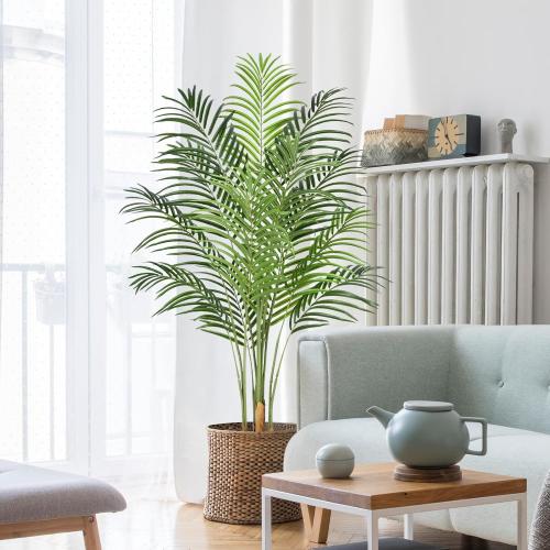 5ft Artificial Palm Tree Indoor Plant Tall Fake Tropical Paradise Palm Tree in Pot with Real Bark Design Faux Areca Palm Tree for Home Office Living Room Bedroom Farmhouse Modern Decor 1pcs