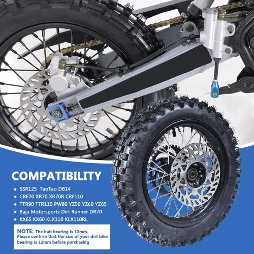 3.00-12 80/100-12 Dirt Bike Rear Rim Wheel Tire With 12mm Bearing for 50cc 110cc 125cc SSR125 TTR90 TTR110 PW80 CRF70 XR70 KX65 KLX110 RM65 Apollo TaoTao DB14 Coolster Pit Bike Motorcycle
