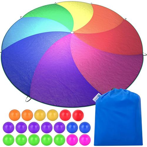 Parachute Toys for Kids with 8 Handles 12ft - Balls Included - Gym Class Rainbow Color Parachute for Cooperative Group Play - Waterproof and Reinforced Stitching
