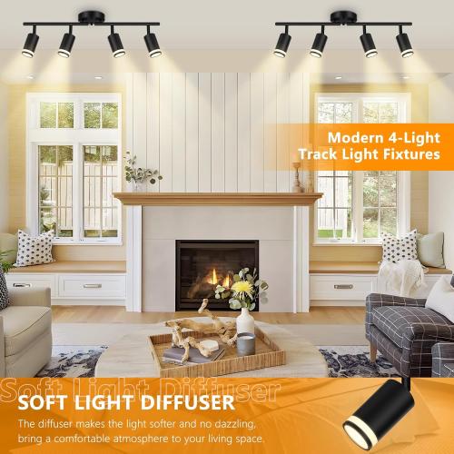 4-Light Kitchen Lighting Fixtures Ceiling Mount, Black Track Semi Flush Mount Ceiling Light, Modern Adjustable Multi-Directional Hallway Light Fixtures for Living Room, Dining Room, Foyer