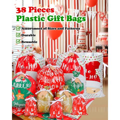 38pcs Christmas Gift Bags with Ribbon Ties, Christmas Bags for Gifts Assorted Sizes Small/Medium/Large Christmas Gift Bags, Holiday Christmas Wrapping Paper Reusable Plastic Santa Bag Wrapping Bags