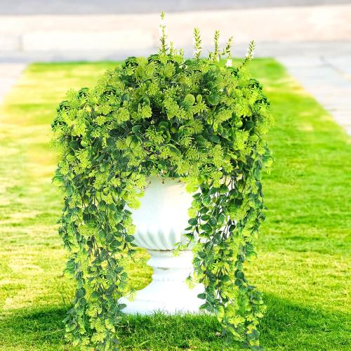 Fake Hanging Plants, 2pcs Artificial Hanging Plant, Faux Boxwood Shrubs Grass Hanging Plant Greenery for Wall Home Living Room Indoor Outdoor Decor (No Baskets)