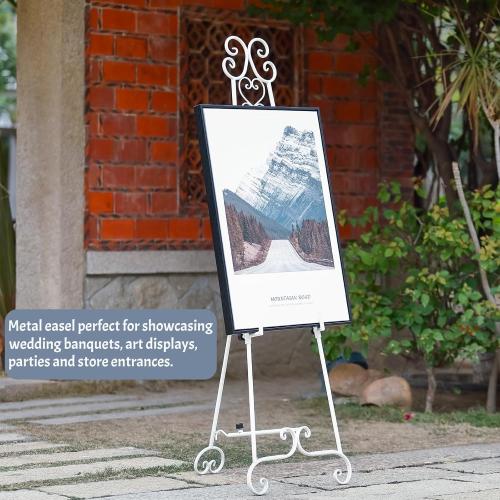 Metal Free Standing Adjustable Display Stand Scroll Easel with Chain Support, White Easel Stand for Sign, Wedding, Picture Frame. (No Installation Required)