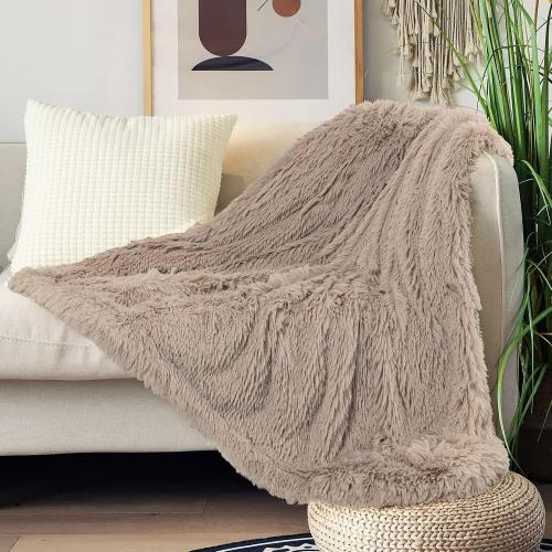 Tuddrom Decorative Extra Soft Faux Fur Throw Blanket 50x60,Solid Reversible Fuzzy Lightweight Long Hair Shaggy Blanket,Fluffy Cozy Plush Fleece Comfy Microfiber Blanket for Couch Sofa Bed,Khaki