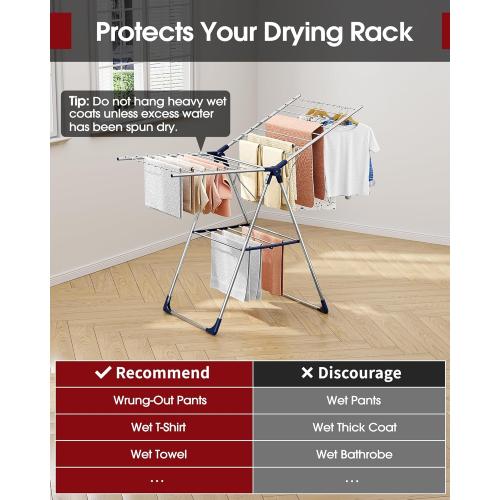 Sakugi Clothes Drying Rack with Height-Adjustable Wings, Metal Foldable Laundry Dryer Stand for Clothing & Bedding, Free-Standing Collapsible for Indoor & Outdoor Use, 55.5 L × 22.8 W, Silver Blue