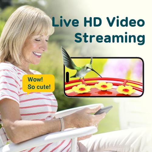TT Nature Hummingbird Feeder with Camera Solar Powered, AI Identify Cloud Storage Instant Notification, CCPA Data Protection, Outdoor Hanging, Idea Gift for Family Friends (20 Ounces)