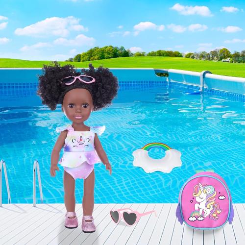 Black Dolls and Black Baby Doll Accessories - 14.5 Inch Silicone African Baby Doll with Clothes Unicorn Theme Doll Swimsuits Best Gift for Girls Kids