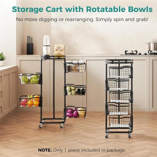 5 Tier Kitchen Vegetable Storage Cart Fruit Basket with One-Piece Rotating Bowls, Rolling Cart on Wheels with Wire Mesh Basket, Large Metal Pantry Organizer Stand Holder for Onion Potato, Black