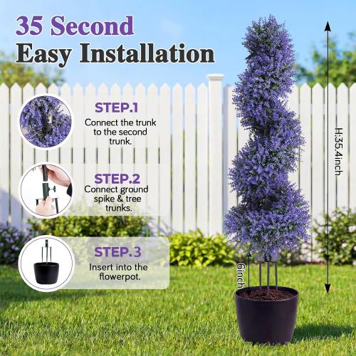 PATIO CHOICE 3ft Artificial Topiary Spiral Trees with Lavender Set of 2 High End Outdoor Faux Plants Realistic Fake Bushes Lilac Shrubs Decorations for Outdoor Front Porch Garden