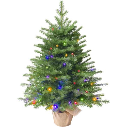 3FT Pre-lit Artificial Small Mini Christmas Tree with Warm White Multi-Color LED Lights, Remote Control and Timer, Perfect for Xmas Tabletop Decorations, Home, Kitchen, Dining Table top Green