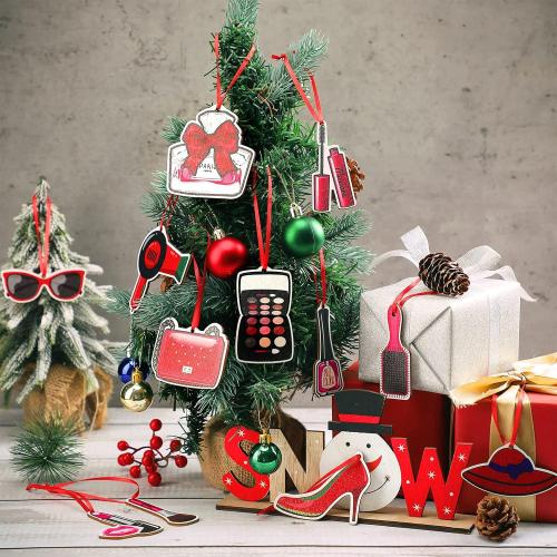 Blulu 12 Pieces Christmas Makeup Ornaments Wooden High Heels and Lipsticks Hair Salon Ornament for Christmas Tree Hanging Decor (Beauty Style)