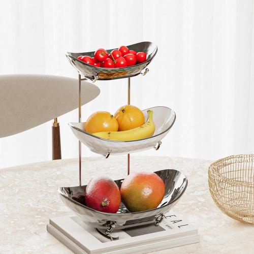 Fruit Bowl, 3 Tier Ceramic Fruit Basket, Serving Stand Serving Bowl with Metal Rack, Porcelain Kitchen Bowls for Fruit and Vegetable Storage Snack Nuts Dessert Cake Tray for Party Wedding