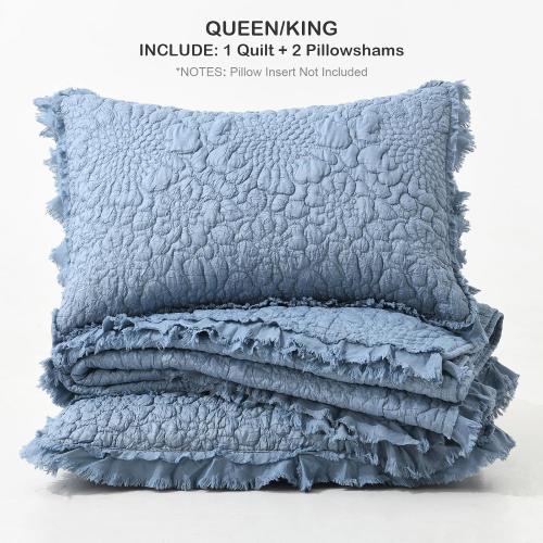 HORIMOTE HOME Blue Ruffled Quilt King Size, Stone-Washed Microfiber Lightweight Crinkled Farmhouse Rustic Shabby Chic Bedding Set, 3 Pieces Reversible Bedspread with Pillow Shams for All Season