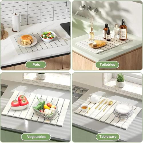Stone Dish Drying Mat for Kitchen Counter – 24 x 16 Foldable Diatomaceous Earth Mat, Quick Dry & Ultra Absorbent, Non-Slip Drying Pad for Dishes, Bottles, Cups – White Minimalist Design