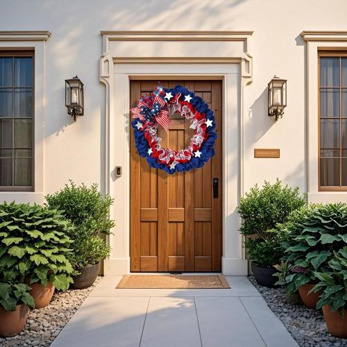XKCL Patriotic Wreaths, 20 Inch Memorial Day Wreath, 4th of July American Flag Wreath for Front Door Decorations (Bule＆red)