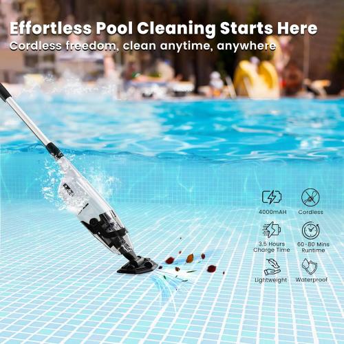 Cordless Pool Vacuum Cleaner for Above Ground Pool & In Ground Rechargeable Pool Vacuum Cleaner - 90 Mins Runtime, with 69 Telescopic Pole, Spa Vacuum for Hot Tub（Misty Grey）