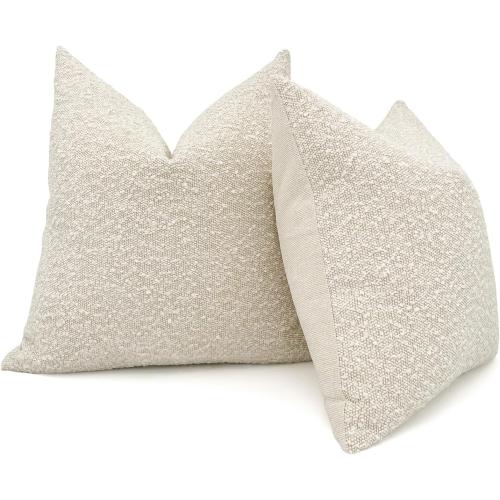 Set of 2 Textured Boucle Throw Pillow Covers 22x22 inch Cream Beige Modern Farmhouse Boho Accent Decorative Square Cushion Cases Neutral Home Decor for Couch Bed Living Room