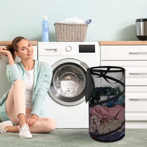 BATTOO Large Collapsible Laundry Basket with Lid Foldable Mesh Pop Up Hamper with Handles for Laundry Room, Bathroom, Kids Room, College Dorm, Travel, Storage Organizer Black