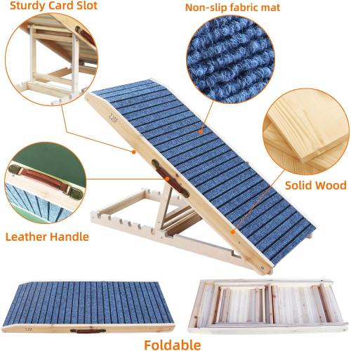 ZJSF Foldable Wooden Dog Ramp for High Bed, Dog Stairs for Small Dogs, High Traction Platform with 6 Adjustable Heights (14-28), 48 L, Supports up to 200 lbs