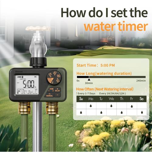 Diivoo Sprinkler Timer 2 Zone, Programmable Water Hose Timer 2 Outlet for Garden, Outdoor Automatic Irrigation System IPX5 Waterproof with Rain Delay/Manual for Lawn, Yard, Pool