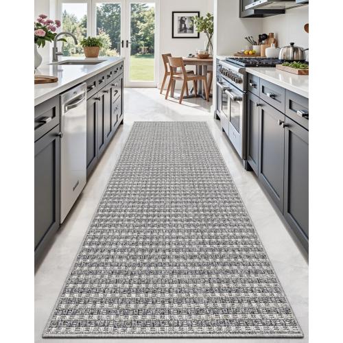 DEXI Hallway Runner Rug 3.3x10, Woven Braided Farmhouse Runner Carpet Indoor, Absorbent Thin Long Entryway Runners for Kitchen, Laundry Room, Patio Entrance, Checkered Grey