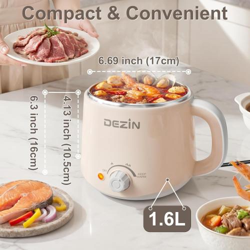 Dezin Electric Pot, 1.6L Ramen Cooker, Hot Pot Electric Stainless Steel, Multifunctional Cooker for Egg, Pasta, Soup, Porridge, Oatmeal with Temperature Control and Keep Warm Function
