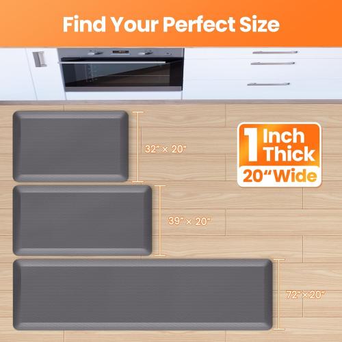 1-Inch Thick Anti-Fatigue Mat for Kitchen and Standing Desk, 20x39, Grey | Extra-thick cushioning, water-resistant surface, stain-resistant, easy to clean, non-slip bottom, kitchen floor, office