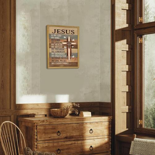 Framed My God Jesus Wall Art Canvas Prints, Christian Inspirational Quote Wall Decor, Vintage Cross White Butterflies Artwork, Religion Bible Verse Decor Art for Bedroom Prayer Room – 12x16in