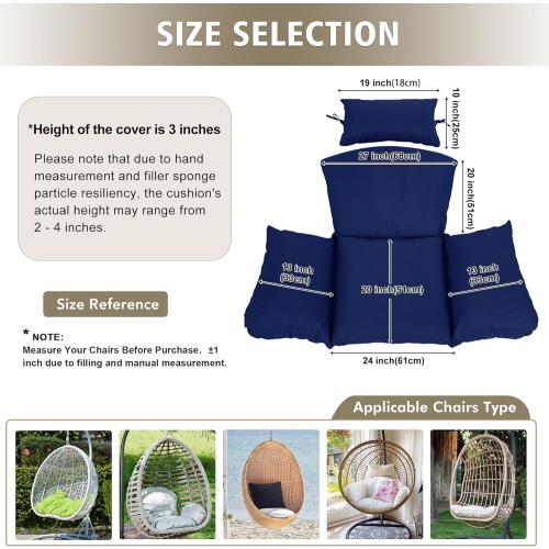 BLUE Egg Chair Cushion – Outdoor Hanging Chair Cushion, Replacement Cushions for Patio Swing, Waterproof, Fade- Resistant, Removable & Machine Washable Cover, Navy Blue