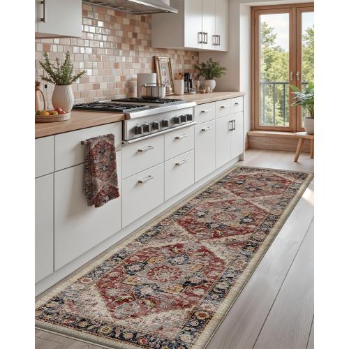 Kitchen Floor Mats Anti Fatigue, 23x86 Large Long Cushioned Vintage Runner Rug Waterproof, Standing Comfort Memory Foam Padded for Front Sink Laundry Office, Beige and Red