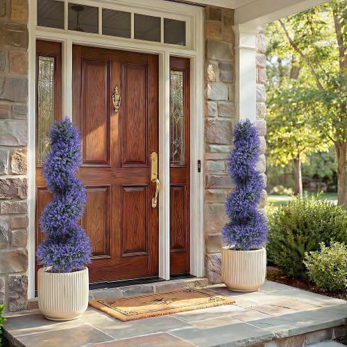 PATIO CHOICE 3ft Artificial Topiary Spiral Trees with Lavender Set of 2 High End Outdoor Faux Plants Realistic Fake Bushes Lilac Shrubs Decorations for Outdoor Front Porch Garden