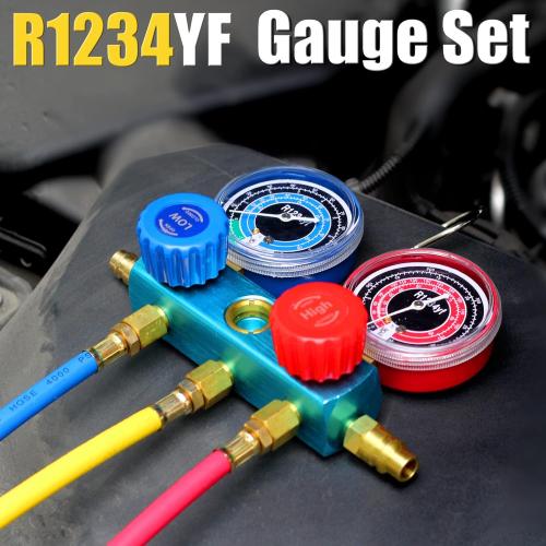 R1234yf AC Gauges, 3 Way 1234yf AC Manifold Gauge Set Car Air Conditioner Recharge Kit with 5FT Hoses R1234yf Quick Couplers Valve Core Remover