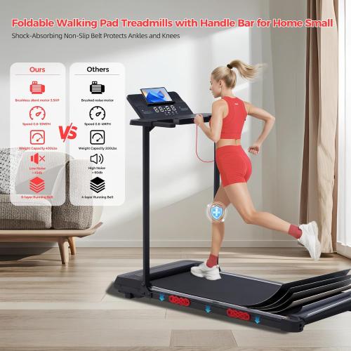 Walking Pad with Incline and Handle Bar, Compact Portable Walking Pad Treadmills for Home/Apartment with Handles,3.0HP Small Electric Treadmill with Incline for Small Space, 0.6-7.6MPH, 350LBS