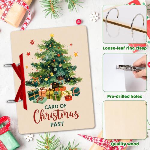 CJiangpo Christmas Card Keeper Set - Wooden Christmas Greeting Card Holder with 20 Protectors Velvet Ribbon Rings Hole Punch Keepsake Book Binder Postcards Storage Holiday Photo Album Keeper Xmas Gift