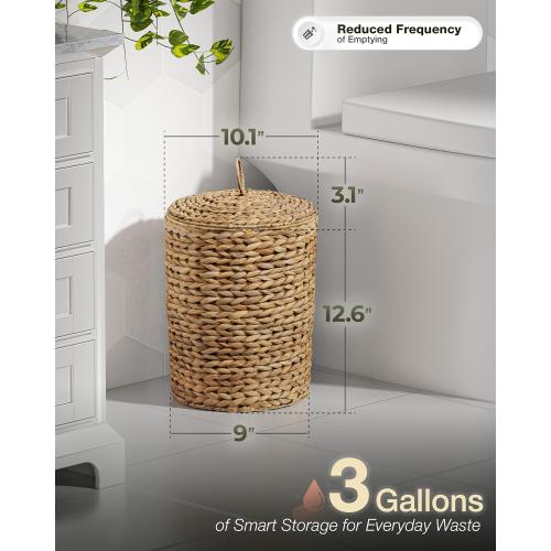 BLUEWEST 3 Gallons Wicker Bathroom Trash Can with Lid, Handwoven Rattan Wastebasket with Removable Plastic Inner Bin, Decorative Waste Basket for Bedroom, Office, or Kitchen