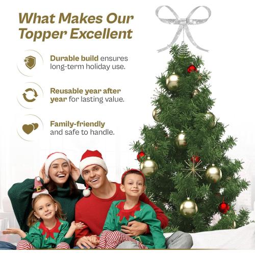 Large Metal Bow Christmas Tree Topper,9.4 Inch Glitter Silver Tree Topper,Silver Bow Christmas Tree Decorations for Xmas Home Decor Holiday Party Indoor Outdoor Shop Office