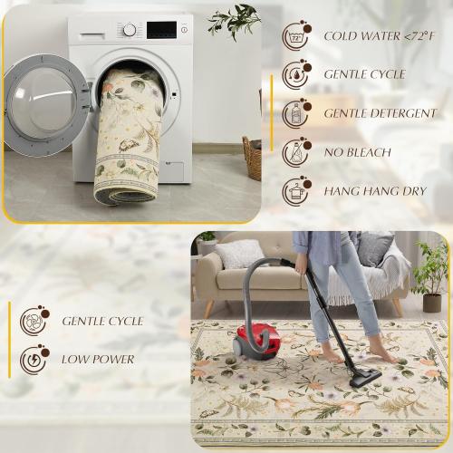 Area Rugs for Living Room, Washable 5x7 Vintage Rug for Bedroom, Non-Slip Floral Carpet for Home Office Nursery Dining Room Kitchen, Beige