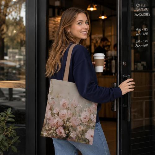 Vintage Pink Rose Floral Canvas Tote Bag, Cottagecore Botanical Wildflower Reusable Grocery Shopping Bag