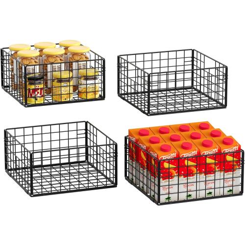 X-cosrack Metal Wire Basket Organizers Foldable & Wall Mounted Freezer Organizer Bins with Handles 4 Pack- Extra Large Mesh Bin for Pantry Organization Kitchen Laundry Closet Garage Patent Design