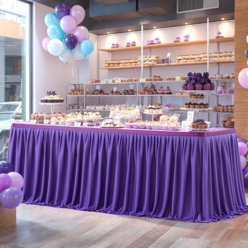Partisky Purple Polyester Table Skirt for Rectangle Tables 9ft, Wrinkle Resistant Pleated Ruffle Table Cloth for Banquet Wedding Trade Baby Shower Display Gift Dining Table