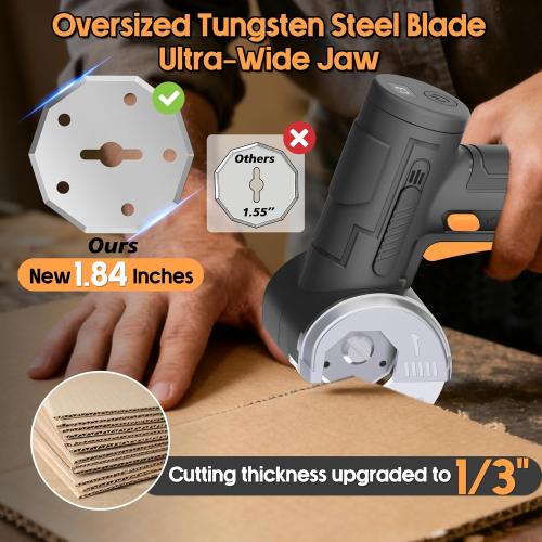 2026 Upgraded Cordless Electric Scissors - 1.84Larger Tungsten Blade & Wider Head, 1/3 Max Thickness & 320RPM High Speed, Dual-Side Safety Lock, Cardboard Cutter for Cardboard, Fabric - Black