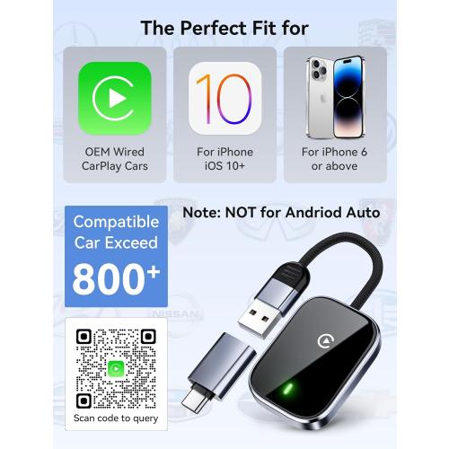 Redlake Wireless CarPlay Adapter for iPhone Mini Size Wireless Apple CarPlay Adapter for USB & USB-C/Type-C Plug and Play (Matte Black with Cable)