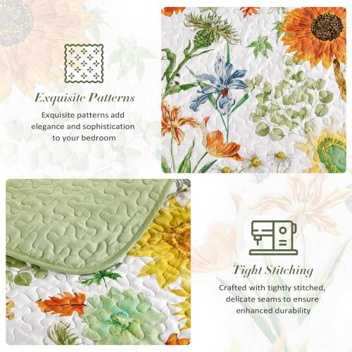Yiran Floral Quilts ,Sunflower Botanical Bedspreads, Sage Green | Soft Lightweight Bedding Set, Microfiber Coverlet with 2 Pillow Shams, Summer Bed Sets for All Season