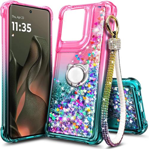 Missing - strap    Compatible with Motorola Edge-2025 Case Pink/Aqua | Bling Sparkly Glitter Floating Liquid Waterfall Cute Phone Cover for Women Girls Kids with Ring Holder Grip Missing - Diamond Wrist Strap Lanyard