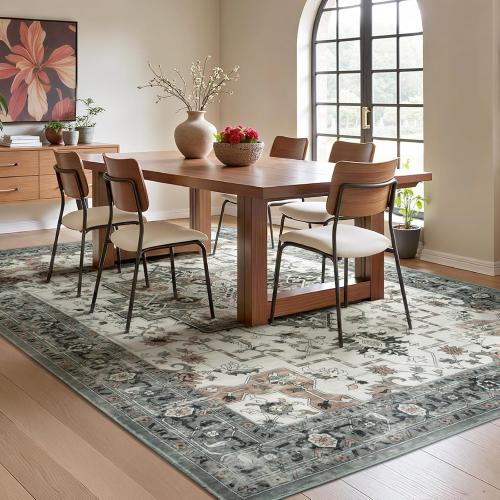 8x10 Area Rugs for Living Room, Machine Washable Non Slip Carpet, Large Vintage Floral Aesthetic Rug, Bedroom Decor, Taupe, Brown/Beige/Cream