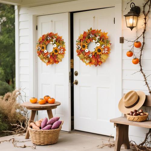 Fall Wreath for Front Door, 22-24 Autumn Wreath with Sunflower, Pumpkin, Berry. Artificial Home Decorations for Indoor Outdoor Window Wall Porch,UV Resistant Seasonal Decor for Thanksgiving Halloween