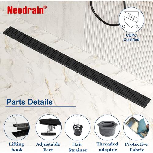 Neodrain 60-Inch Black Linear Shower Drain with Removable Quadrato Pattern Grate,Professional 304 Stainless Steel Rectangle Shower Floor Drain Manufacturer,Leveling Feet,Hair Strainer,Matte Black