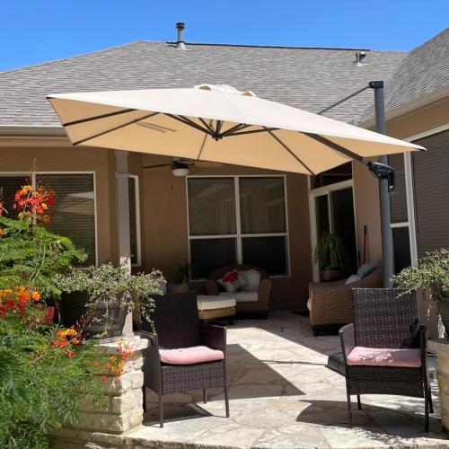 PURPLE LEAF Patio Umbrella with Base Outdoor 10' x 10' 360° Rotation Beige | One-Hand Adjustment, Withstand Winds, Steady frame in gusts, Smooth 360° Rotation, Rock Solid Stability, 30-Minute Setup